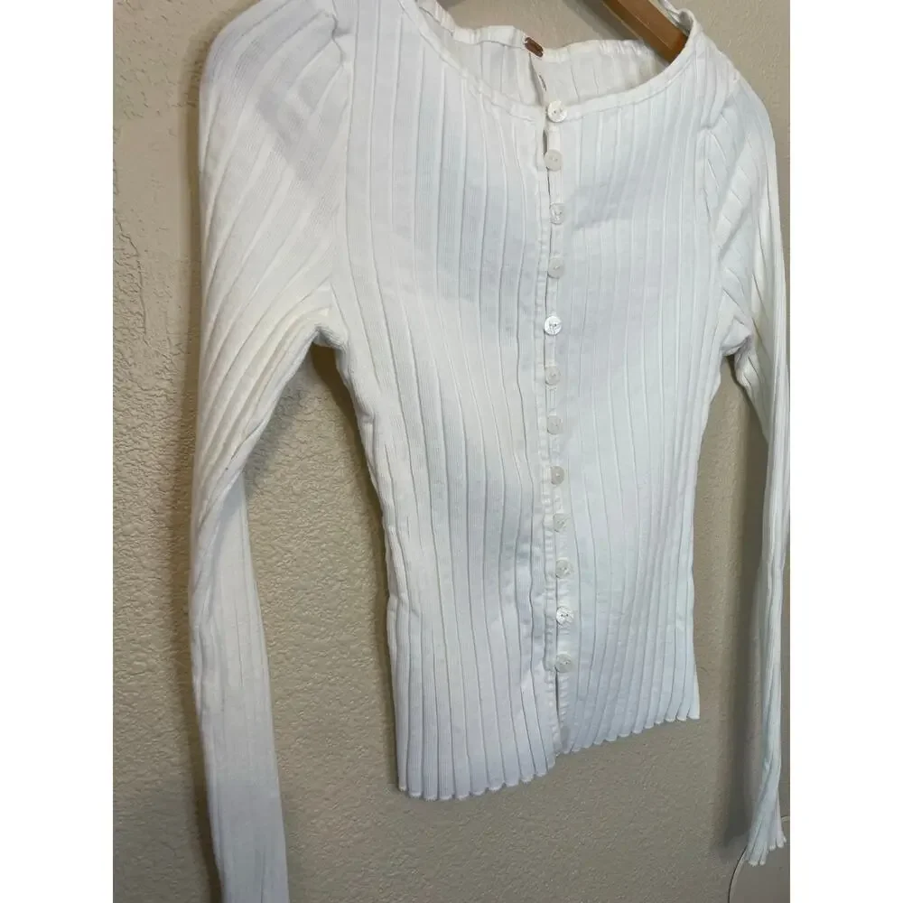 Free People Tilly Knit Ribbed Fitted Button Up Long Sleeve Top White Large Boho